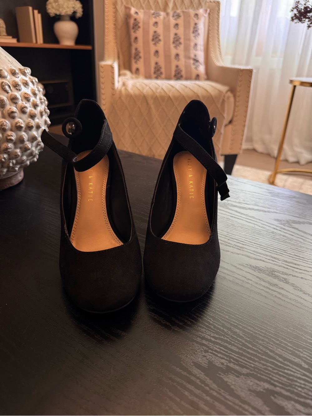 Kelly & Katie Black Suede Ankle-Strap Heels